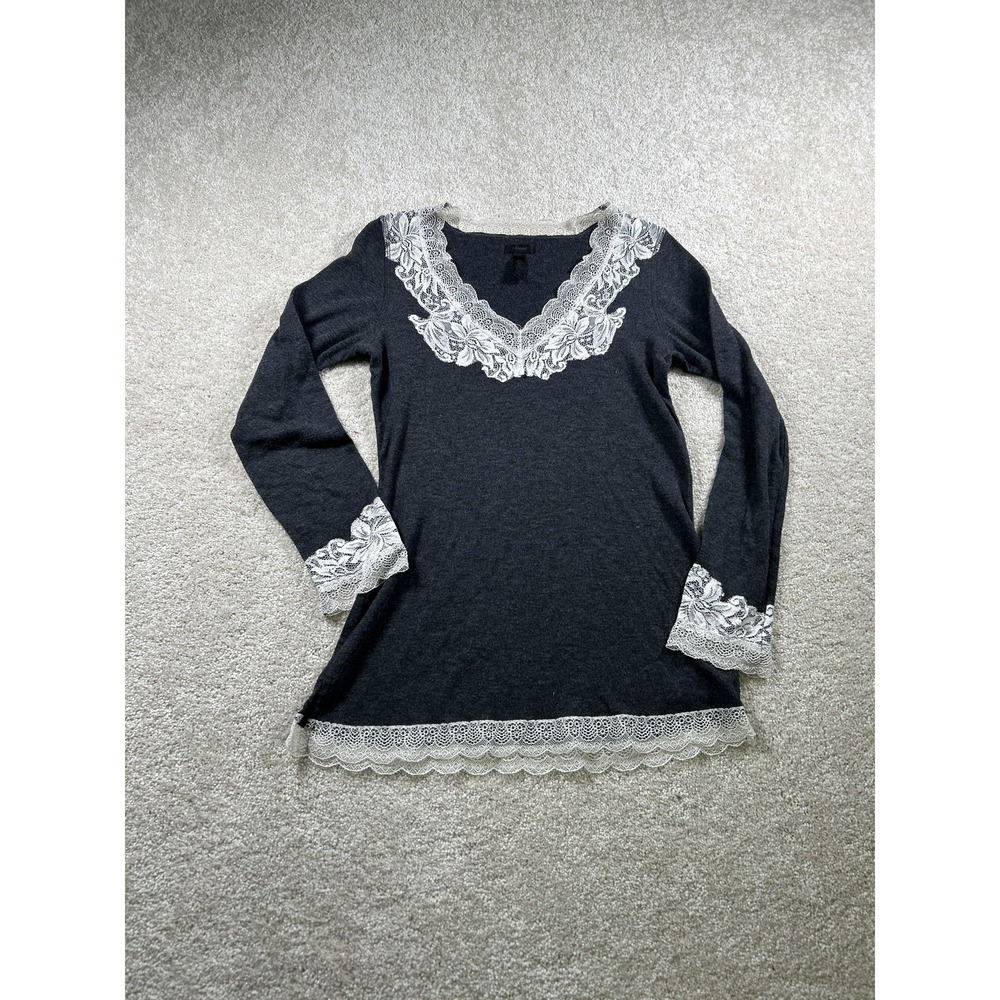 Soma Top Womens XS Gray White Lace Trim Long Sleeve Pullover Top Romantic
